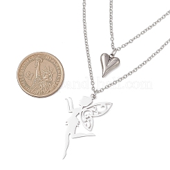 Stainless Steel Fairy and Heart Pendant 304 Stainless Steel Cable Chain Double Layer Necklaces for Women&nbsp;NJEW-JN05810-02