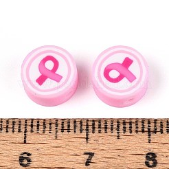 手作り樹脂粘土ビーズ  リボン付きフラットラウンド  ピンク  9x4mm  穴：1.6mm&nbsp;CLAY-H005-05