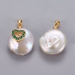 天然養殖淡水パールペンダント  真鍮マイクロパヴェキュービックジルコニアのパーツ  心のナゲット  長持ちメッキ  ゴールドカラー  グリーン  17~27x12~16x6~12mm  穴：4x2.5mm&nbsp;KK-L187-03C
