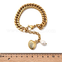 304 Stainless Steel & Natural Freshwater Pearl Curb Chain Bracelets for Women&nbsp;BJEW-G763-03G
