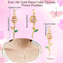 10個真鍮マイクロパヴェキュービックジルコニアペンダント  花のチャーム  18KGP本金メッキ  32~33.5x11x6.5mm  穴：5x2.5mm&nbsp;KK-BBC0019-43