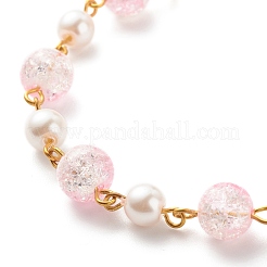 女性のためのキラキラガラス＆イミテーションパールラウンドビーズブレスレット  ピンク  7-3/8インチ（18.8cm）&nbsp;BJEW-JB08591