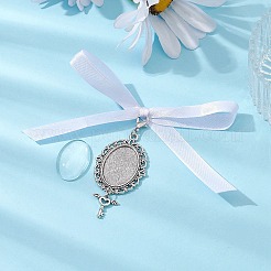 チベットスタイルの合金とガラスの楕円形の写真の花束吊り下げ装飾品  サテンリボンと亜鉛合金カニカン付き  アンティークシルバー  105mm&nbsp;HJEW-JM01353-02