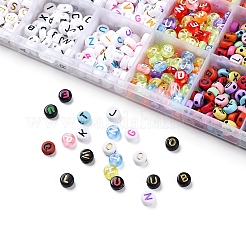 1400個7スタイルのアクリルレタービーズ  文字と2ロールの透明な弾性クリスタルスレッドを備えたフラットラウンド  ミックスカラー  6~7x3.5~4mm  穴：1 `2ミリ&nbsp;MACR-YW0001-28