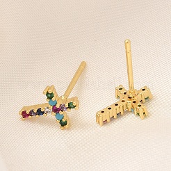 ラックメッキクロス真鍮マイクロパヴェキュービックジルコニアスタッドピアス  長持ちメッキ  鉛フリー＆カドミウムフリー  18KGP本金メッキ  10.5x7.5mm&nbsp;EJEW-H143-19G
