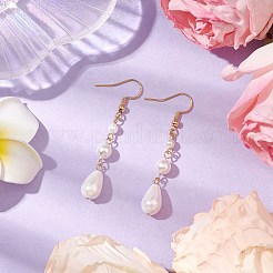 女性用ティアドロップシェルパール＆真鍮ダングルイヤリング  18KGP本金メッキ  ホワイトスモーク  54.5x8mm&nbsp;EJEW-TA00513