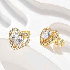 真鍮マイクロペーブクリアキュービックジルコニアスタッドピアス  ハート  16KGP本金メッキ  11.5x12mm&nbsp;EJEW-C139-06G