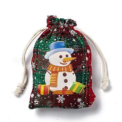 クリスマステーマの長方形ジュートバッグ、ジュートコード付き  タータンチェック巾着ポーチ  ギフト包装用  レッド  雪だるま  13.8~14x9.7~10.3x0.07~0.4cm&nbsp;LS-ABAG-E006-01D