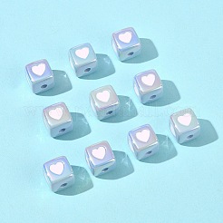 不透明アクリルエナメルビーズ10個  ハートを持つキューブ  ピンク  12x12x12mm&nbsp;ACRC-FS0001-02B