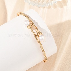 Natural Cultured Freshwater Pearl Rice Wire Wrapped Brass Cuff Bangles for Women&nbsp;BJEW-JB14301