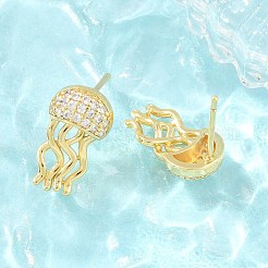 真鍮製マイクロパヴェキュービックジルコニアスタッドピアス  クラゲ  鉛フリー＆カドミウムフリー  長持ちメッキ  ラックめっき  18KGP本金メッキ  15x8.5mm&nbsp;EJEW-G471-19P