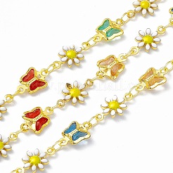 ハンドメイドのガラスバタフライ&エナメルデイジーフラワーリンクチェーン  18KGP本金メッキ真鍮製パーツとともに  ハンダ付け  スプールで  カラフル  蝶：7x11x2mm  花：7.5x12.5x2mm&nbsp;CHC-F015-15G-01