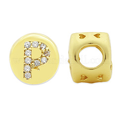 真鍮マイクロペーブクリアキュービックジルコニアビーズ  アルファベット付きフラットラウンド  文字.p  7.5x6.5mm  穴：3.5mm  3個/袋&nbsp;KK-T030-LA843-PX3