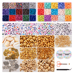 DIY プレッピー ブレスレット メイキング キット  ポリマークレイディスク、アクリルレター、プラスチックスター、天然シェルビーズを含む  ハート＆リーフ＆エンジェル＆フラミンゴ合金ペンダント  ピンセット  はさみ  ミックスカラー&nbsp;DIY-TA0008-97