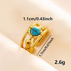 調節可能な304ステンレススチール製カフオープンリング（女性用）  ラウンド  合成ターコイズ付き  ゴールドカラー  11mm  内径：17mm&nbsp;XZ4861-6