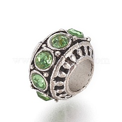 チベット風合金ヨーロピアンビーズ  ラインストーン付き  大穴ビーズ  ロンデル  ペリドット  10~11x7mm  穴：5mm&nbsp;PALLOY-F224-16AS-02