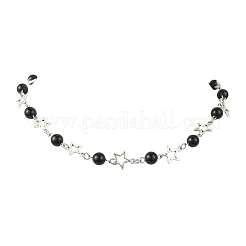 Star Alloy & Round Natural Eyeless Obsidian Link Chain Necklaces for Women&nbsp;NJEW-JN05135