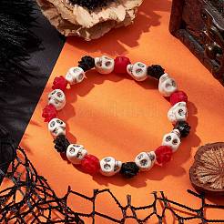 樹脂と合成ターコイズのブレスレット  ハロウィーンブレスレット  フラワー＆スカル  ミックスカラー  内径：2-1/2インチ（6.5cm）&nbsp;BJEW-JB10752