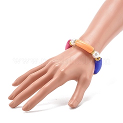 女性のための分厚いアクリルカーブチューブビーズストレッチブレスレット  プラスチックパールビーズ＆真鍮ビーズブレスレット  ゴールドカラー  カラフル  内径：2インチ（5.1cm）&nbsp;BJEW-JB06993-03