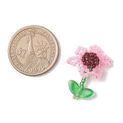 シードガラスビーズペンダント  花  透明なガラスの葉付き  ピンク  27x21.5x10.5mm  穴：2.5mm&nbsp;PALLOY-MZ00875-01