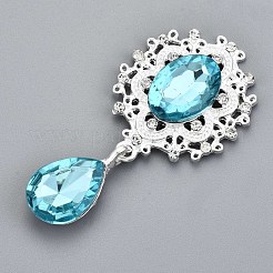 合金フラットバックカボション  アクリルラインストーン付き  楕円形と涙  銀色のメッキ  多面カット  ライトブルー  58x29x7mm  ペンダント：24.5x13x7mm&nbsp;RB-S063-05S