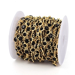 手作りの真鍮リンクチェーン  ガラスファセットラインストーン＆スプール付き  ハンダ付け  長持ちメッキ  18KGP本金メッキ  花  ブラック  花：12x6.5x3mm  約32.8フィート（10m）/ロール&nbsp;CHC-F011-08A-G