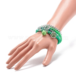 ハンドメイド ポリマークレイ ヘイシ ストレッチ ブレスレット セット  女性のための合金エナメル ペンダント チャーム ブレスレット  犬の爪 & 文字 m & リンゴ & エッフェル塔  グリーン  内径：2インチ（5cm）  4個/セット&nbsp;BJEW-JB08767
