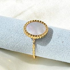 女性用楕円形 304 ステンレススチール ホワイトシェル カフリング  イオンプレーティング（ip）  18KGP本金メッキ  13x10.5mm  内径: 調節可能&nbsp;RJEW-G346-07G-02