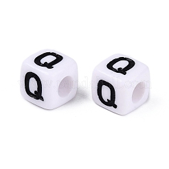 不透明なアクリルビーズ  番号の立方体  エナメル  ブラック  文字Q  7.5~8x7.5~8x8~8.5mm  穴：3.6~4mm  約1200個/500g&nbsp;SACR-N020-04A-Q