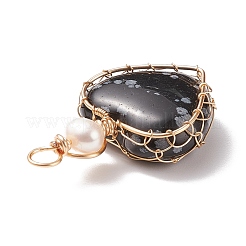 Natural Snowflake Obsidian & Freshwater Pearl Pendants&nbsp;PALLOY-JF01661-02