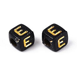 不透明なアクリルビーズ  ゴールドライン入り  文字付きのキューブ  ブラック  文字e  4.5~5x4.5~5x4.5~5mm  穴：2mm  約6250個/500g&nbsp;SACR-T035-20E