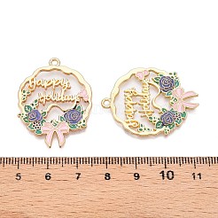 メッキ合金エナメルチャームラック  カドミウムフリー＆ニッケルフリー＆鉛フリー  ライトゴールド  ハッピーホリデーという言葉が書かれた蝶結びの花  ミディアムスレートブルー  34x26x2mm  穴：1.8mm&nbsp;ENAM-N056-370KCG-03