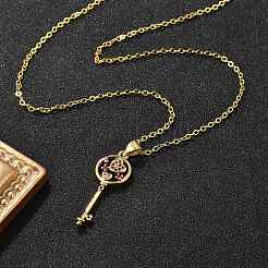 Brass Micro Pave Cubic Zirconia Heart Key Pendant Necklaces for Women&nbsp;NJEW-R027-03G-02