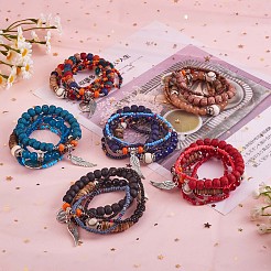 5個5スタイルの木とガラスのシードとアクリルビーズのストレッチブレスレットに野球をセット  女性のための合金の翼とペアの魅力を備えたボヘミアンスタッカブルブレスレット  レッド  7-1/8インチ（18cm）  1個/スタイル&nbsp;JB709D