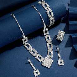 長方形の真鍮とクリスタルラインストーンのジュエリーセット  ブレスレット、イヤリング、ネックレス、指輪のセット  プラチナ  350mm＆170mm＆20mm＆30x10mm&nbsp;WG3D549-01
