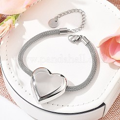 304ステンレススチールハートリンクブレスレット  女性用メッシュチェーンジュエリー  ステンレス鋼色  7-1/2インチ（19cm）&nbsp;BJEW-C089-12P