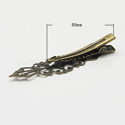 アンティークブロンズ鉄フラットワニのヘアクリップのパーツ  フィリグリー真鍮トレイ付き  56.5x16x10mm&nbsp;X-PHAR-B008-AB