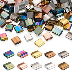 200個10色電気メッキガラスシードビーズ  2穴  正方形  ミックスカラー  5x4.5~5.5x2~2.5mm  穴：0.5~0.8mm  20個/カラー&nbsp;SEED-CD0001-03A