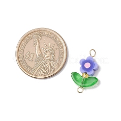 5Pcs 5 Colors Handmade Polymer Clay Flower Connector Charms with Glass Leaf&nbsp;PALLOY-MZ00803-01