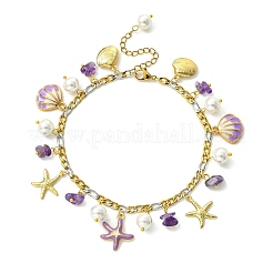 3Pcs 3 Styles Ocean Alloy Enamel Starfish Shell Charm 304 Stainless Steel Figaro Chain Anklets with Natural Amethyst & Rose Quartz & Synthetic Turquoise Chip Beads&nbsp;AJEW-AN00883