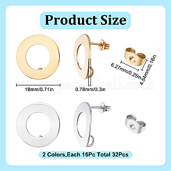 32個 2スタイル 304ステンレススチールスタッドピアス金具  ゴールデン·ステンレス鋼色  18mm  穴：3mm  ピン：0.7~0.8mm  16個/スタイル&nbsp;STAS-GO0001-33