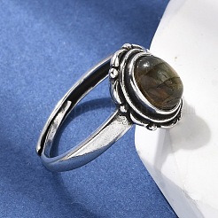 天然宝石の指輪  オーバル  真鍮製リング  アンティークシルバー  13mm  内径：17~18mm&nbsp;RJEW-A084-08AS