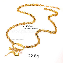 304 Stainless Steel Heart Fishtail & Rond Imitation Pearl Tassel Necklaces with Carabiner Clasps&nbsp;WGC0062-01