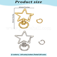 20セット2色亜鉛合金回転カニカン  オープン丸カン付き  スター  ミックスカラー  35x24mm  8x1mm  10セット/色&nbsp;FIND-LP0002-77