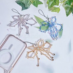 ガラス携帯ストラップ1個  アクリル、プラスチック、合金  蝶結び  コーンフラワーブルー  150~160mm&nbsp;HJEW-SZ0001-59D