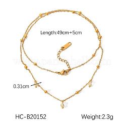 フレンチスタイルの304ステンレススチールアズキチェーンダブルレイヤーブレスレット  女性用ラウンドビーズリンクブレスレット  18KGP本金メッキ  19-1/4インチ（49cm）&nbsp;IW3608
