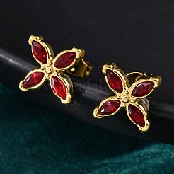 304ステンレススチールスタッドピアス  キュービックジルコニア付き  イオンプレーティング（ip）  花  ゴールドカラー  レッド  13x13mm&nbsp;EJEW-C135-01G-01