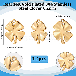 304ステンレススチールチャーム12個  イオンプレーティング（ip）  クローバーチャーム  14KGP本金メッキ  15x13x1mm  穴：1mm&nbsp;STAS-BBC0007-80G