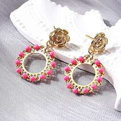 Flat Round Brass Enamel Dangle Stud Earrings&nbsp;EJEW-S261-01G