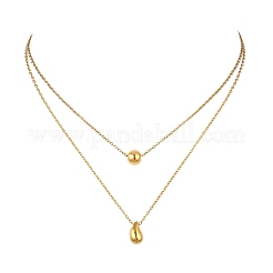 304ステンレススチールラウンドティアドロップペンダントアズキチェーンダブルレイヤーネックレスレディース  ゴールドカラー  15.87インチ（40.3cm）&nbsp;NJEW-B083-03G